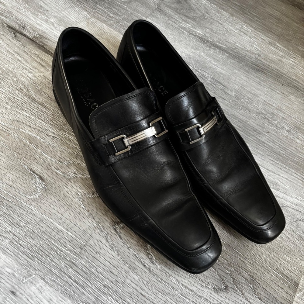 Versace Black Leather Loafers Mens Buckle Made in Italy Dress Shoes Size‎ 44.5
